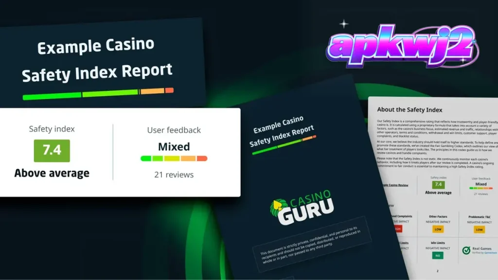 Layar antarmuka dasbor Casino Guru yang menampilkan laporan indeks keamanan.